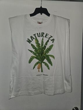 NWT Farm Rio Natureza White Graphic Tank with Green Banana Leaf Print